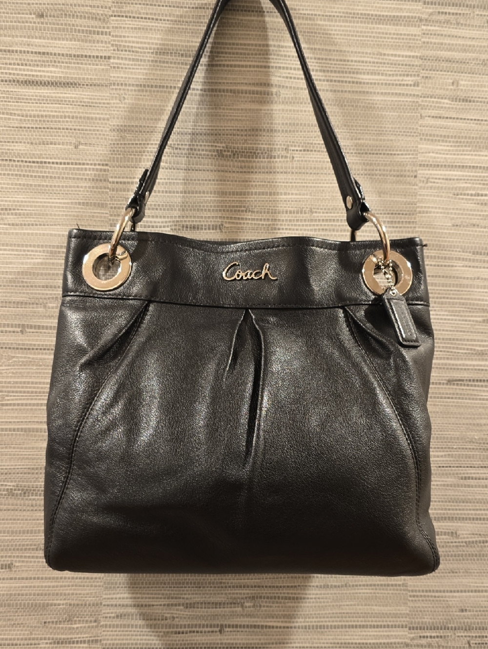 Coach Vintage Black Leather Shoulder Bag with Gold-Tone Rings